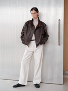 MSBEAST Suede Paneled Sheepskin Jacket in Coffee - On Female Model