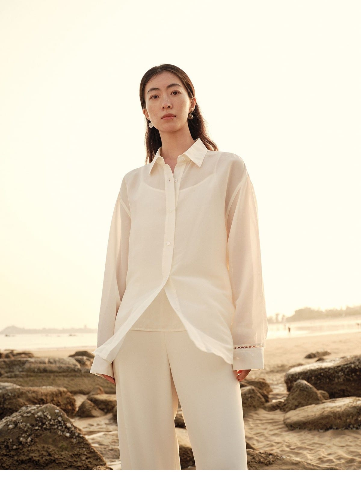 TEASEL Silk Blend Shirt Shorts Set in Cream - On Female Model