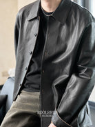 Roolrren homme Vegetable Tanned Sheepskin Shirt Jacket in Black - On Male Model