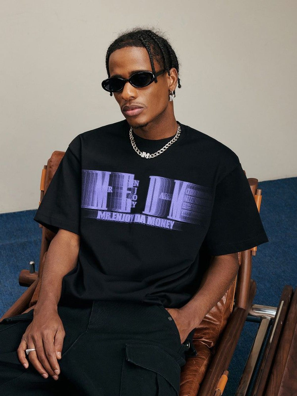 MEDM Glitch Logo Graphic Cotton T Shirt in Purple - On Male Model
