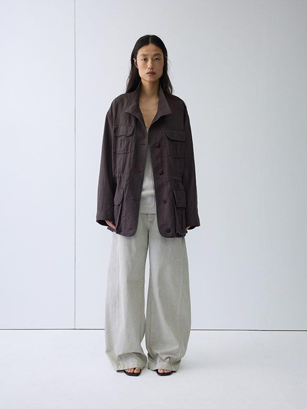 Random Piece Linen Blend Multi Pocket Cargo Jacket in Brown - On Female Model