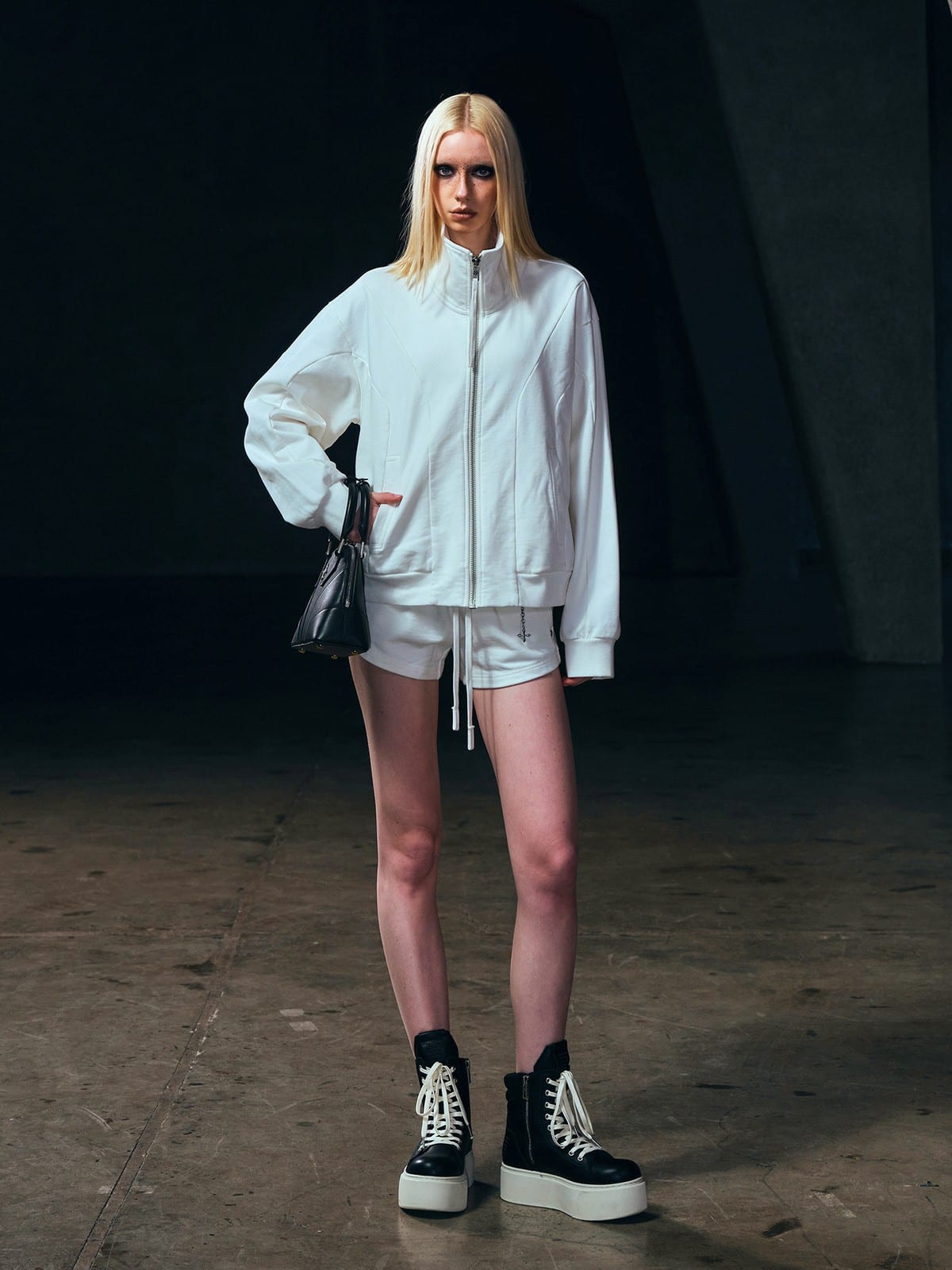 SMFK Cotton Zip Up Track Jacket in White - On Female Model