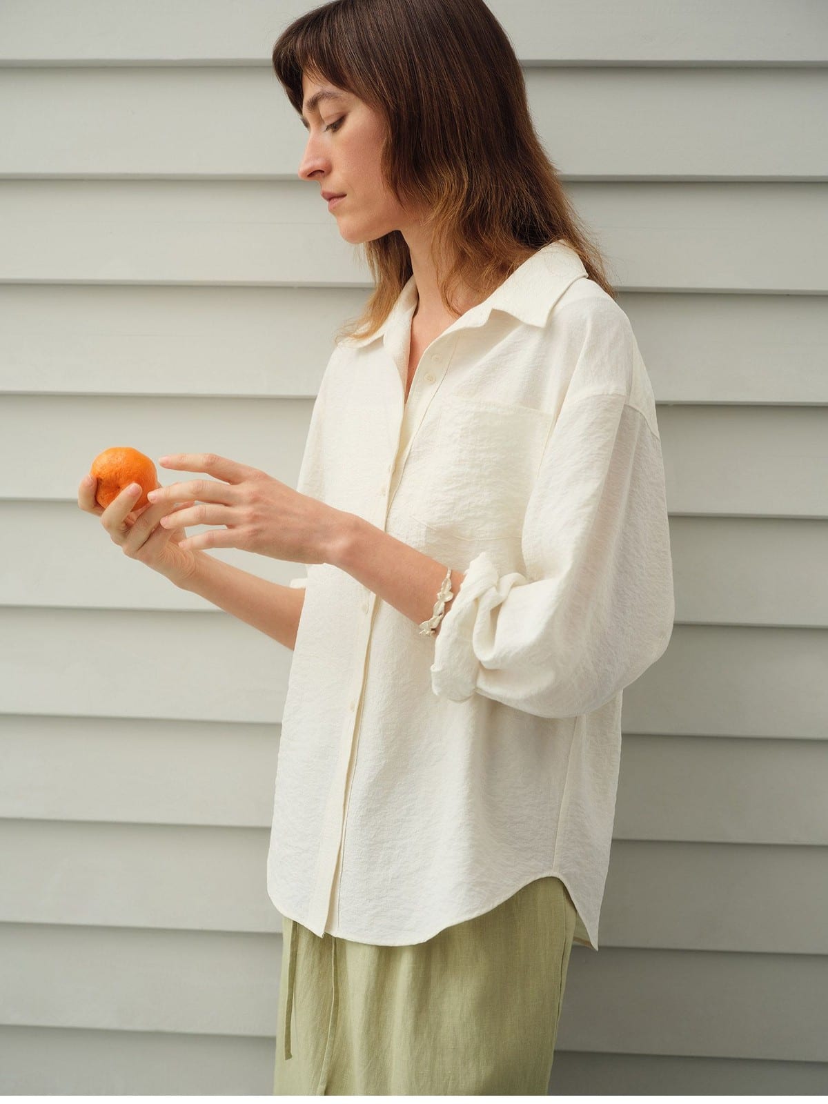 TEASEL Crinkled Silk Blend Short Sleeve Top in White - On Female Model