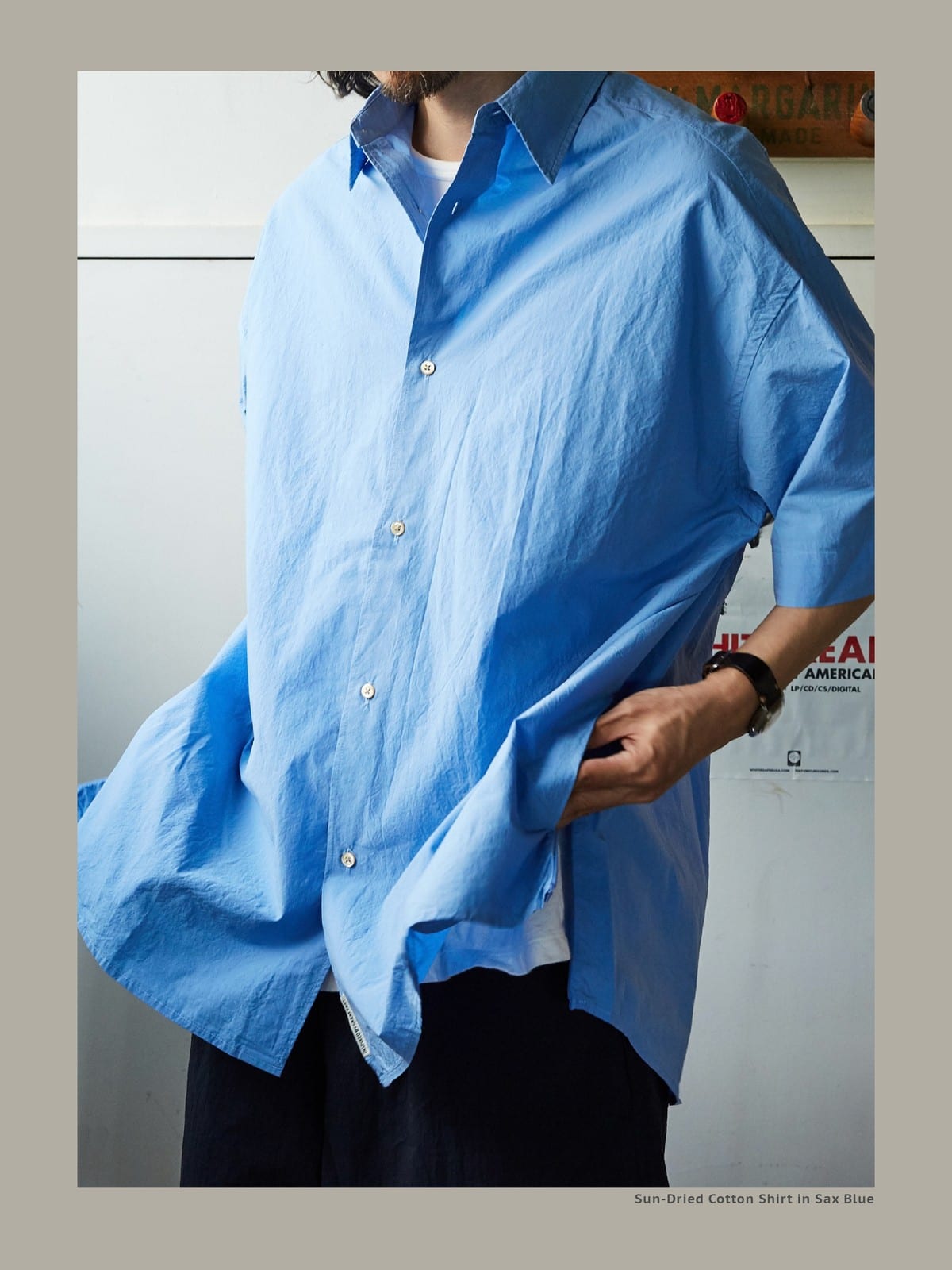USAGE Cotton Crinkle Short Sleeve Shirt in Blue - On Male Model