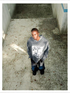 TRIANGLE PROJECT Heavyweight Distressed Graphic Hoodie in Gray - On Male Model