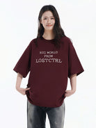 LOSTCTRL Cross Stitch Letter T Shirt in Burgundy - On Female Model