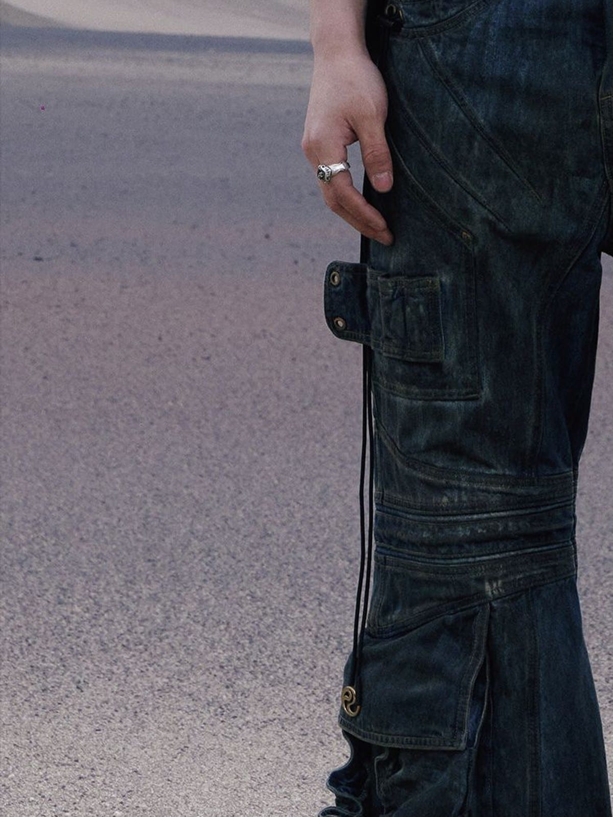 PERSONSOUL Dirty Wash Drawstring Flare Jeans in Denim - On Male Model