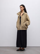 Random Piece Sheepskin Suede Stand Collar Jacket in Khaki - On Female Model