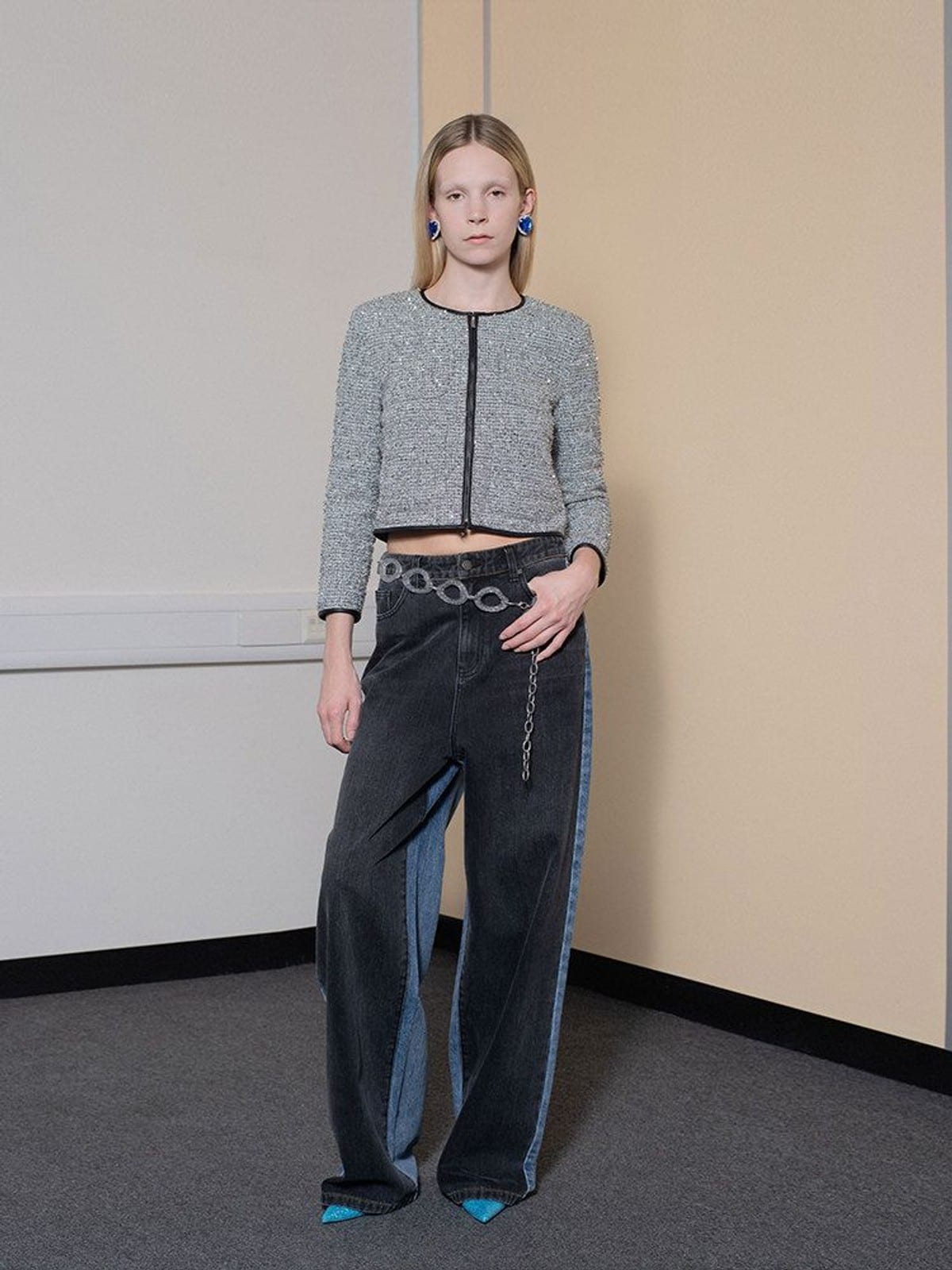 RARELY ALIKE Silver Sequin Tweed Cropped Jacket in Silver - On Female Model