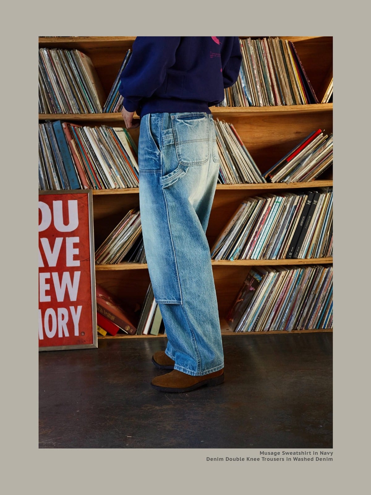 USAGE Washed Denim Double Knee Trousers in Denim - On Model