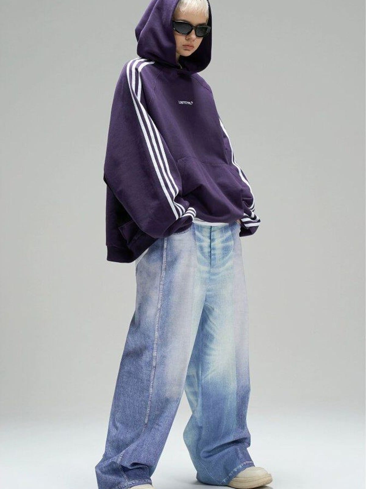 LOSTCTRL Three Stripe Cotton Hoodie in Purple - On Female Model