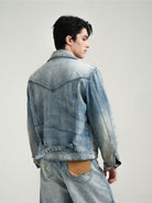 Retro 21 Gradient Distressed Denim Zip Jacket in Blue - On Male Model
