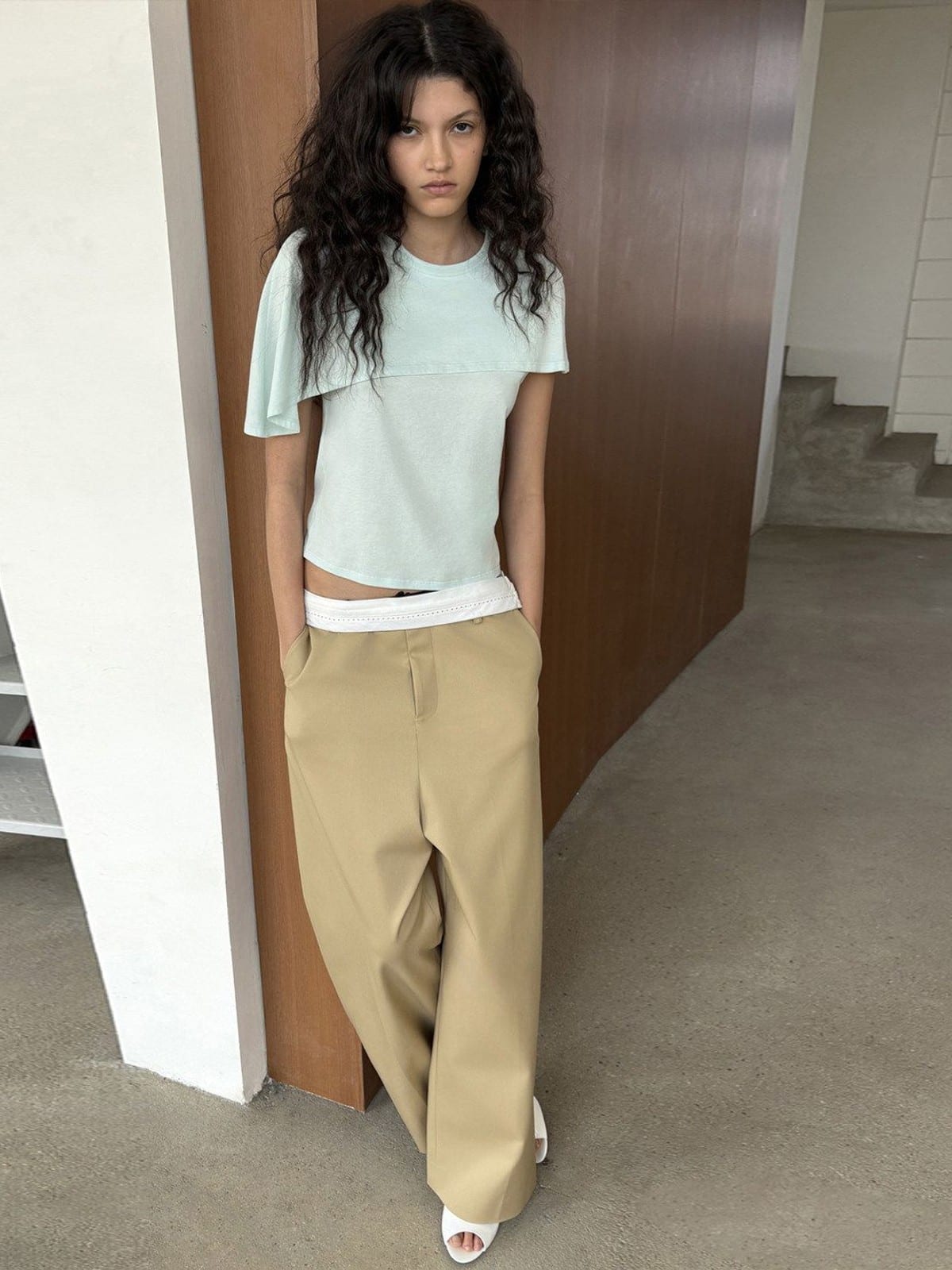 RARELY ALIKE Asymmetrical Draped Lyocell Blend Top in Mint - On Female Model