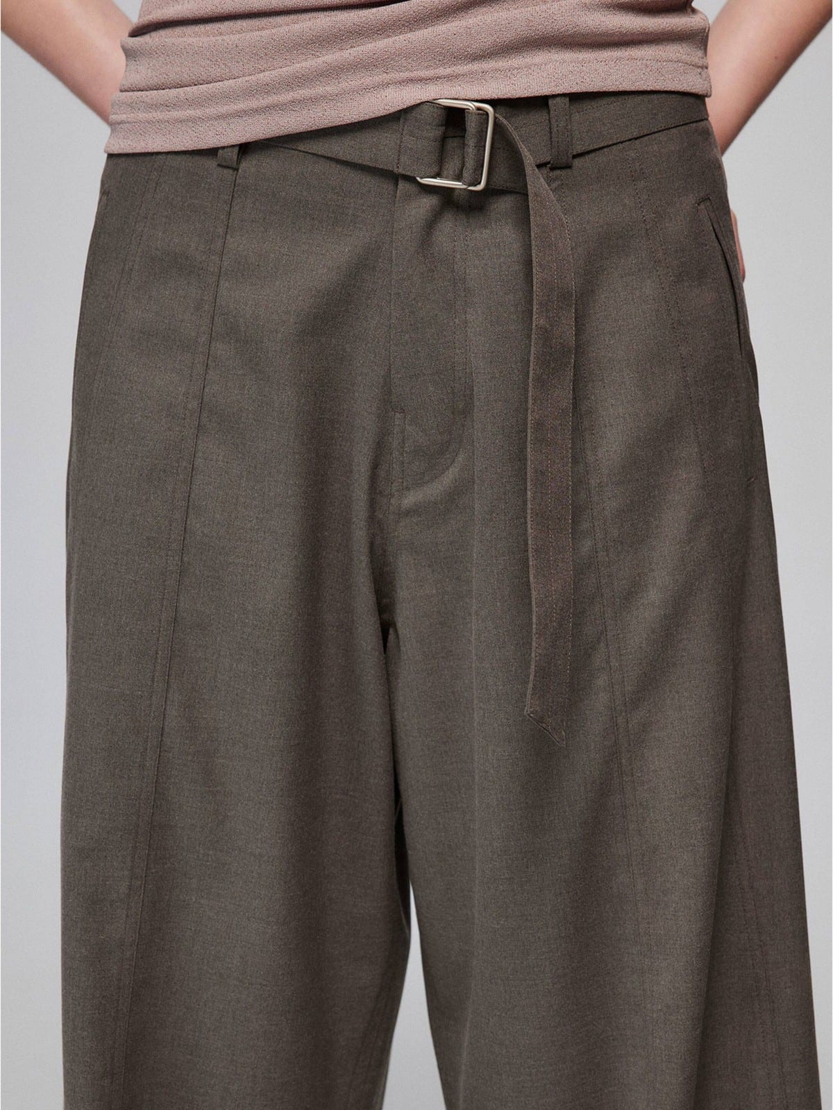 SIMPLE PROJECT Curved Seam Belted Wide Leg Trousers in Dark Gray - On Model