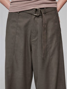 SIMPLE PROJECT Curved Seam Belted Wide Leg Trousers in Dark Gray - On Model