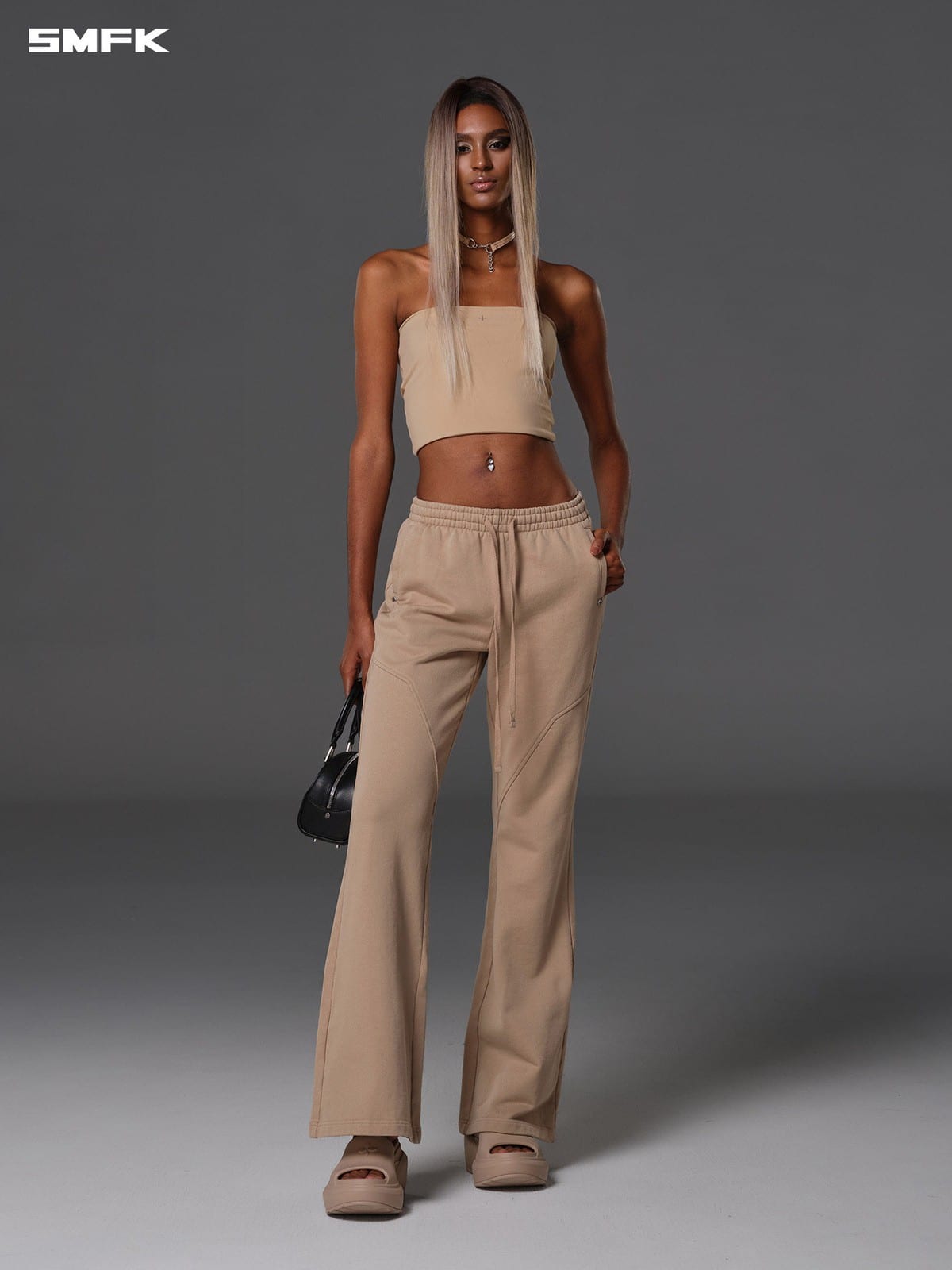 SMFK Cotton Blend Flared Sweatpants in Beige - On Female Model