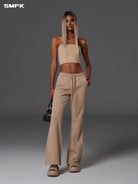 SMFK Cotton Blend Flared Sweatpants in Beige - On Female Model
