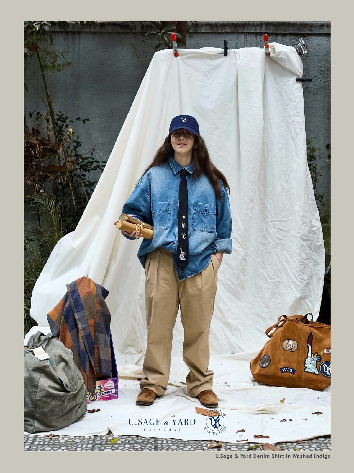 USAGE Washed Distressed Denim Shirt in Denim - On Female Model
