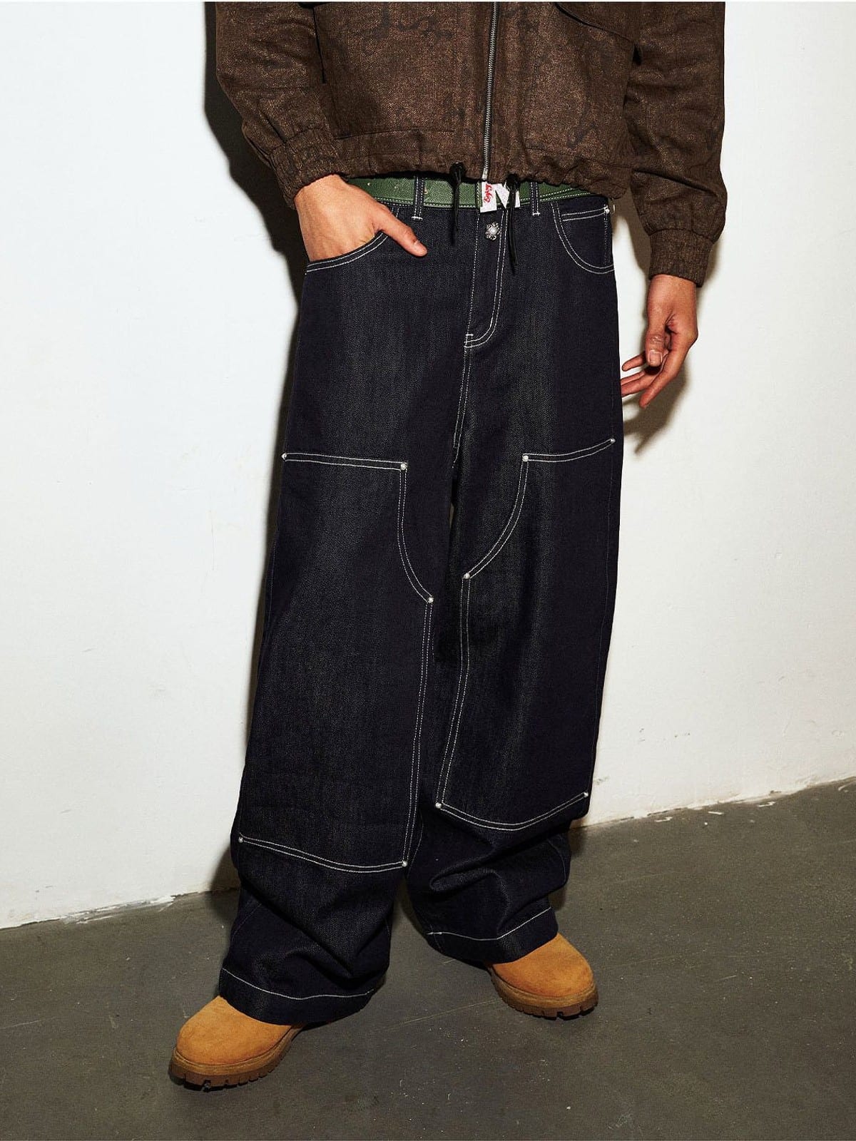 MEDM Contrast Stitch Denim Cargo Jeans in Navy Blue - On Model