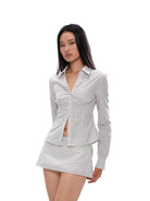 SweetChilling Gingham V Neck Button Up Shirt in Beige - On Female Model