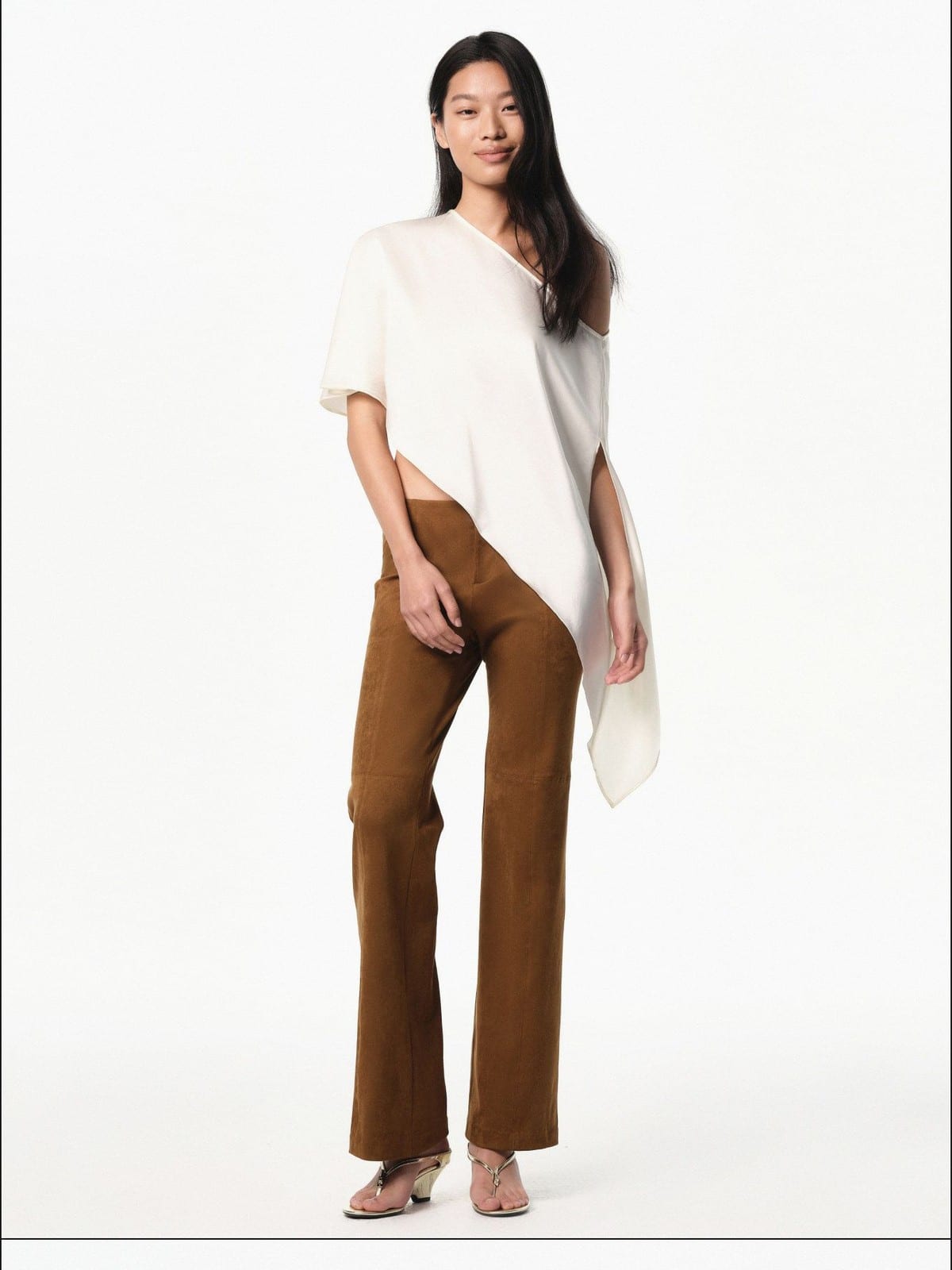RARELY ALIKE Asymmetrical Satin One Shoulder Blouse in White - On Female Model