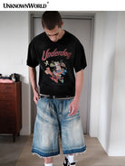 UNKNOWNWORLD Distressed Wash Baggy Shorts in Blue - On Male Model