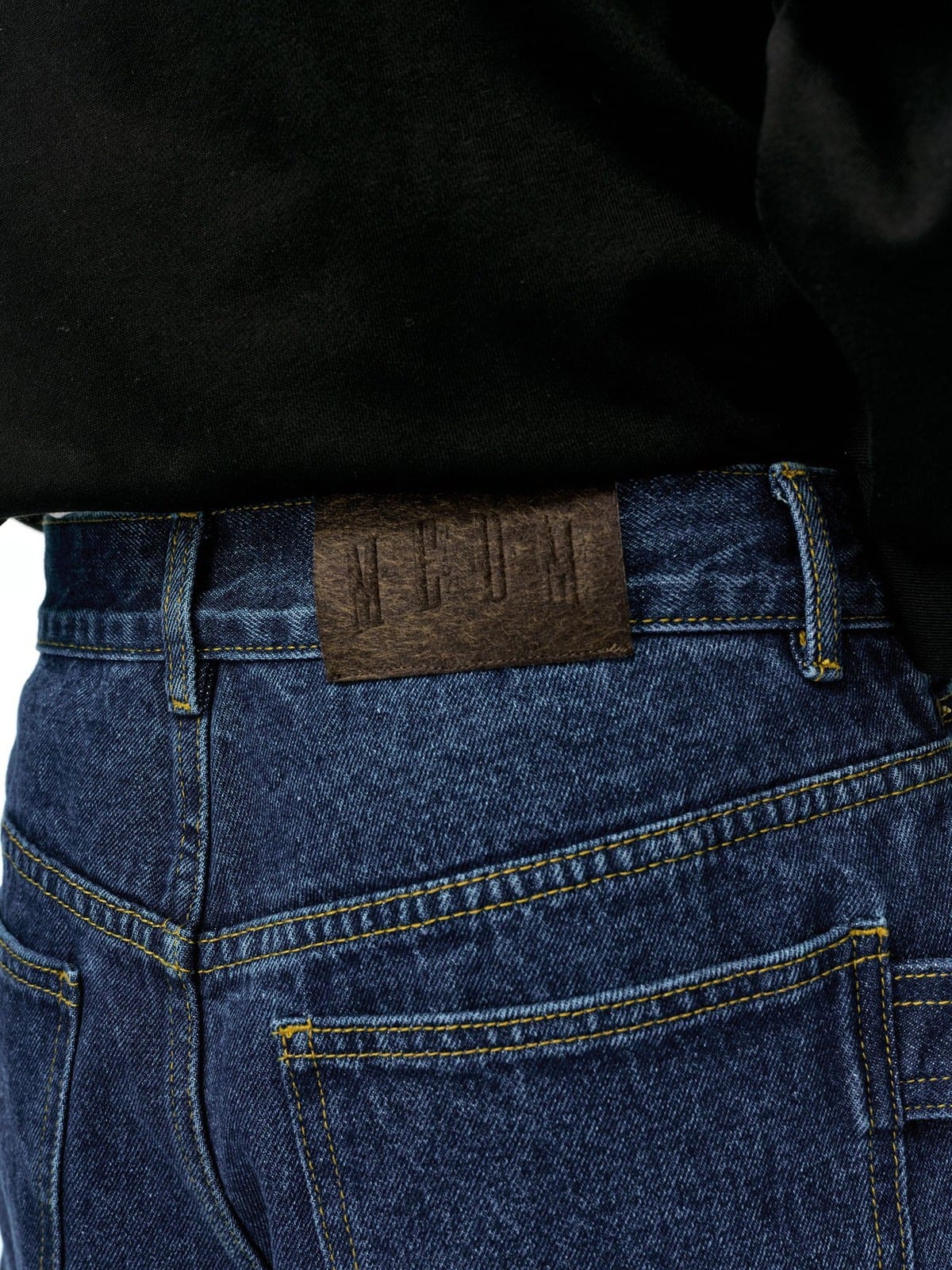 MEDM Washed Wide Leg Jeans in Navy Blue - On Model