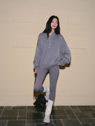 TEASEL Worsted Wool Henley Sweatshirt in Gray - On Female Model
