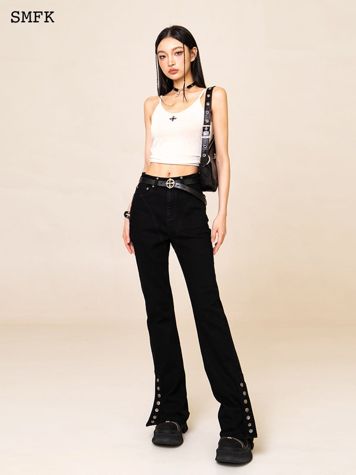 SMFK High Stretch Biker Flare Jeans in Black - On Female Model