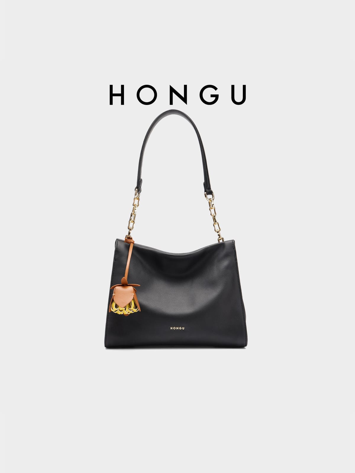 HONGU Cowhide Leather Shoulder Bag in Black