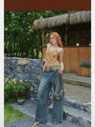 BeerBro Vintage Wash Straight Leg Jeans in Blue - On Female Model