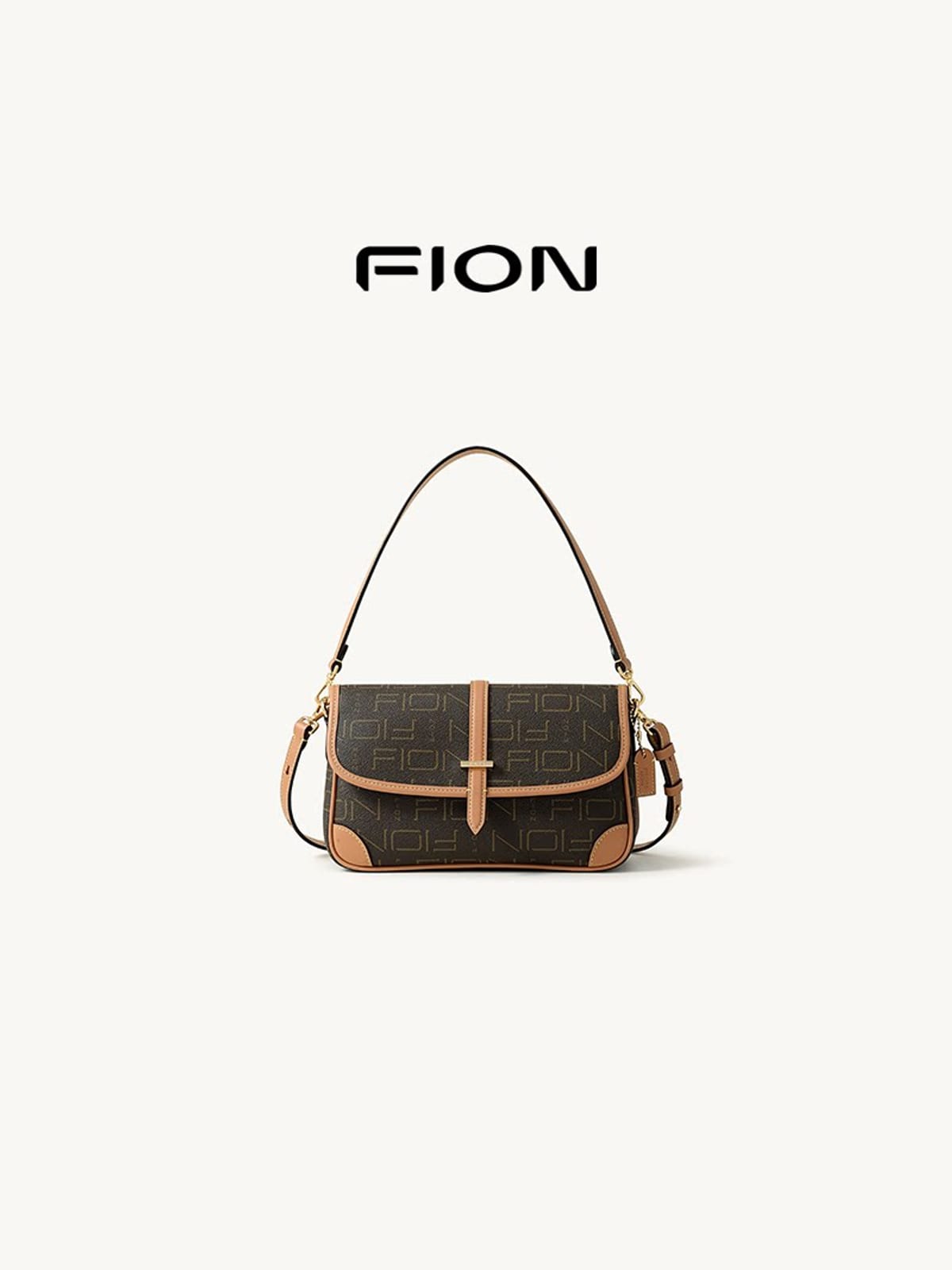 FION Monogram Faux Leather Baguette Bag in Beige