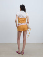 RARELY ALIKE Peter Pan Collar Tie Front Shirt in White - On Female Model