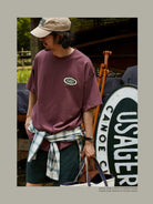 USAGE Canoe Club Graphic Cotton T Shirt in Burgundy - On Male Model