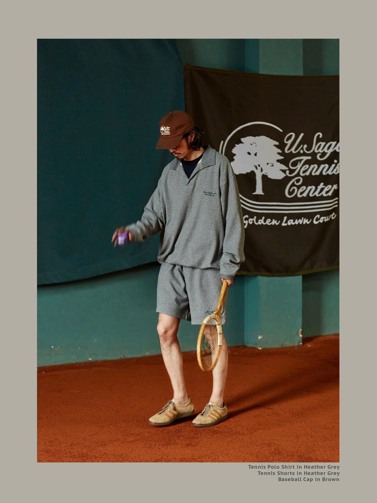 USAGE Oversized Textured Long Sleeve Polo in Gray - On Male Model