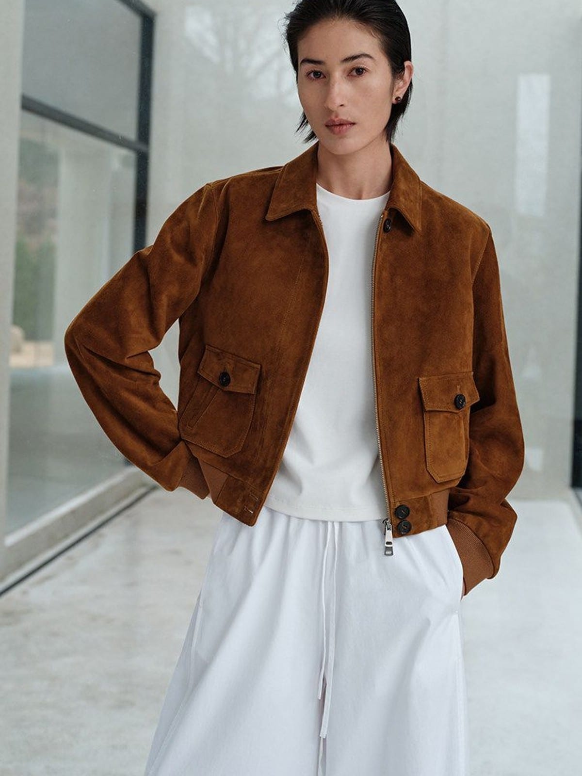 MSBEAST Cropped Suede Leather Jacket in Brown - On Female Model