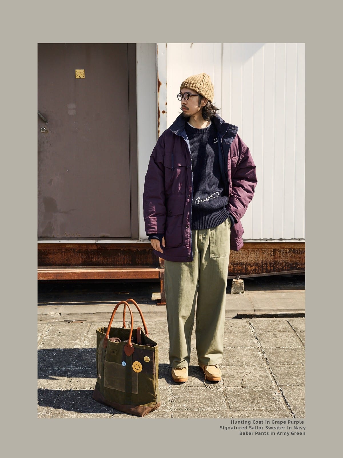 USAGE Heavyweight Herringbone Baker Pants in Olive - On Male Model