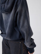 SIMPLE PROJECT Distressed Wide Neck Cropped Hoodie in Navy - On Model