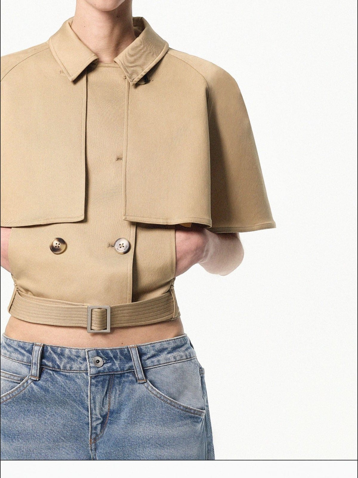 RARELY ALIKE Detachable Cape Cropped Trench Jacket in Beige - On Model