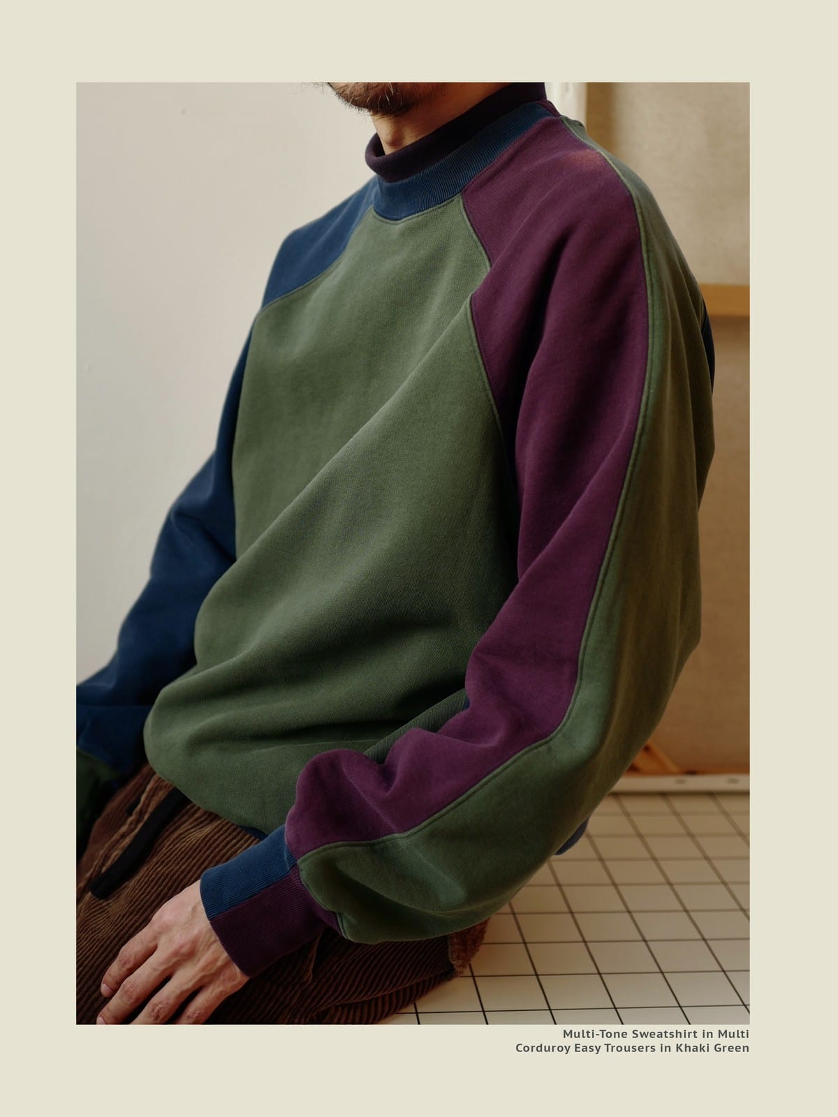 USAGE Colorblock Raglan Cotton Sweatshirt in Green - On Male Model