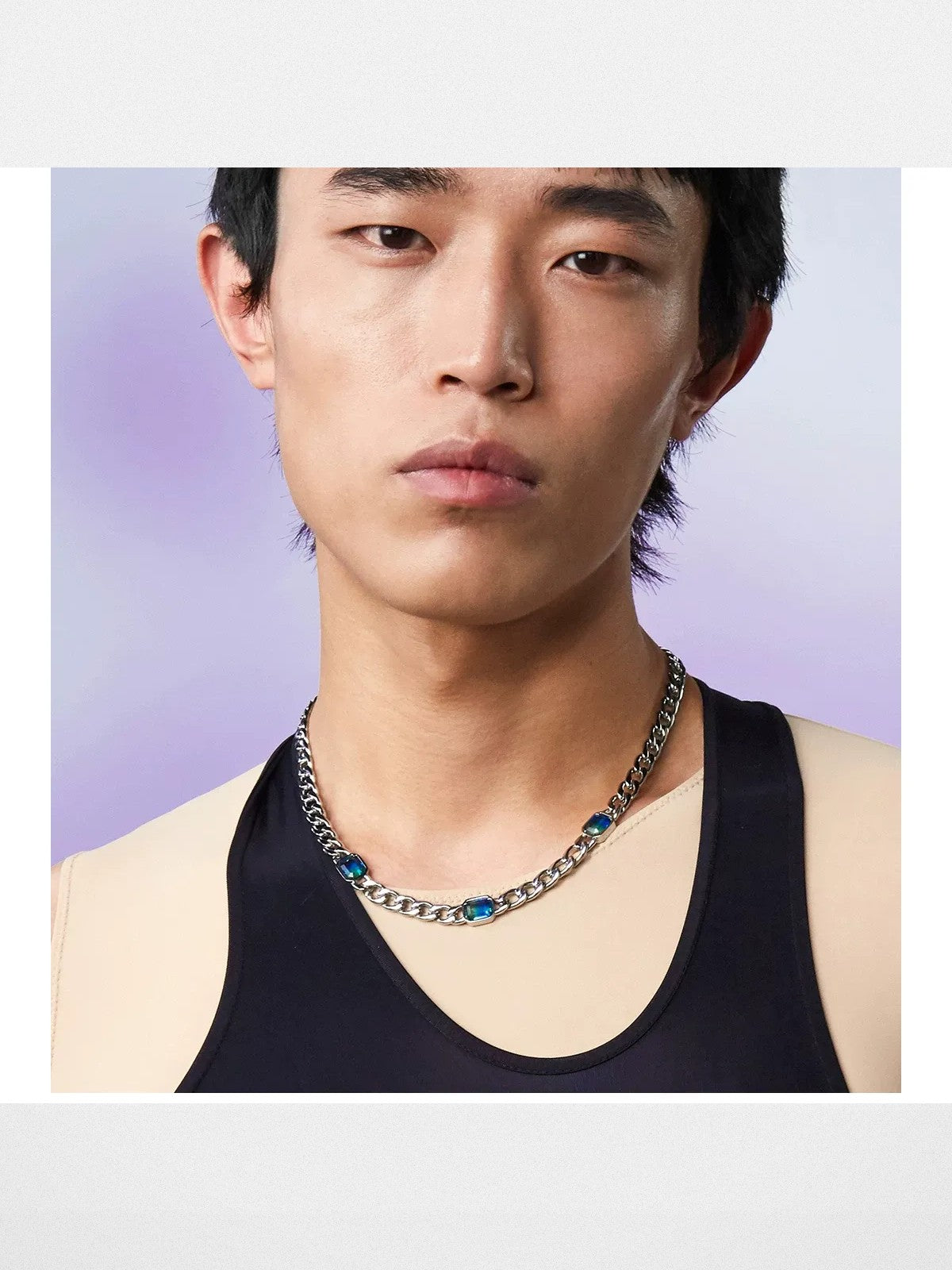 BLACKHEAD Gradient Tourmaline Chain Necklace in Silver - On Male Model