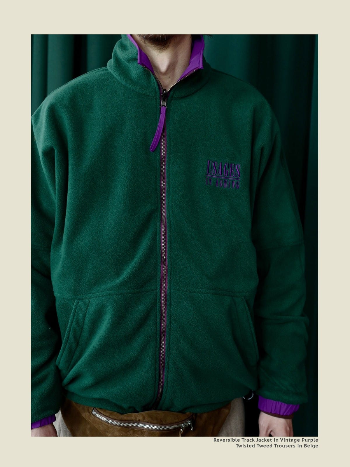 USAGE Reversible Nylon Fleece Track Jacket in Purple - On Male Model