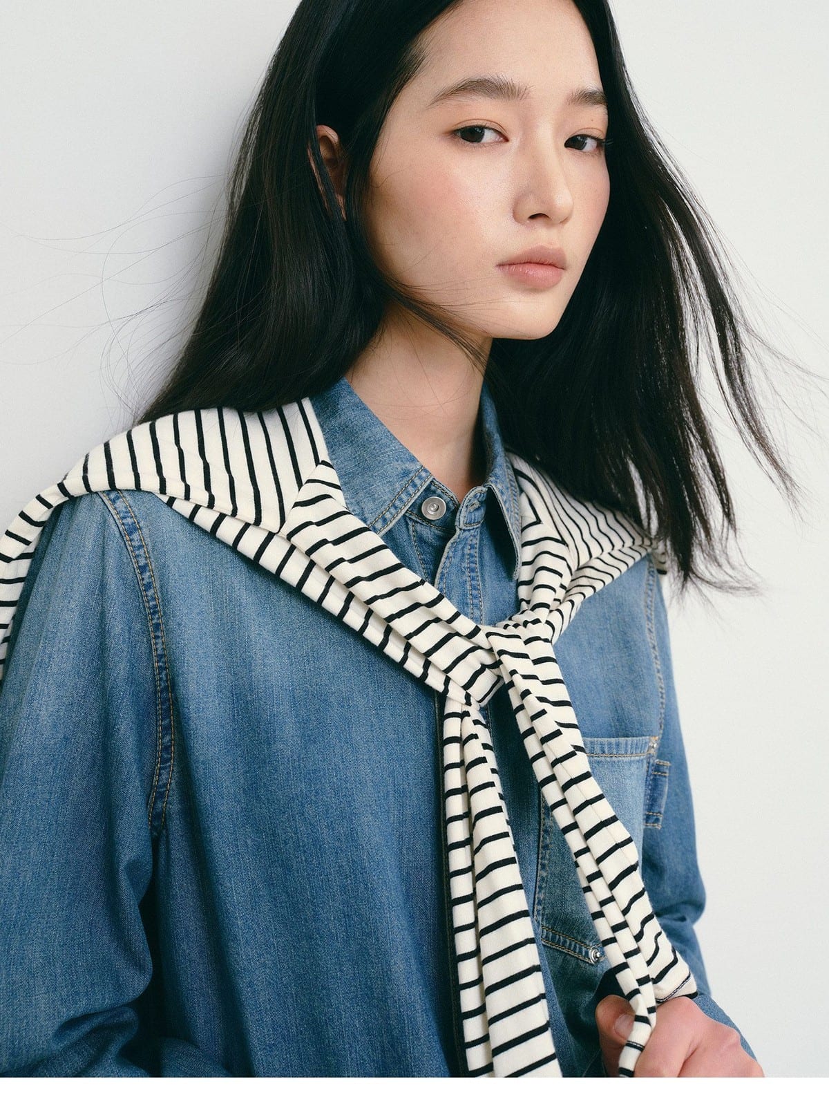 TEASEL Vintage Cotton Denim Patch Pocket Shirt in Blue - On Female Model