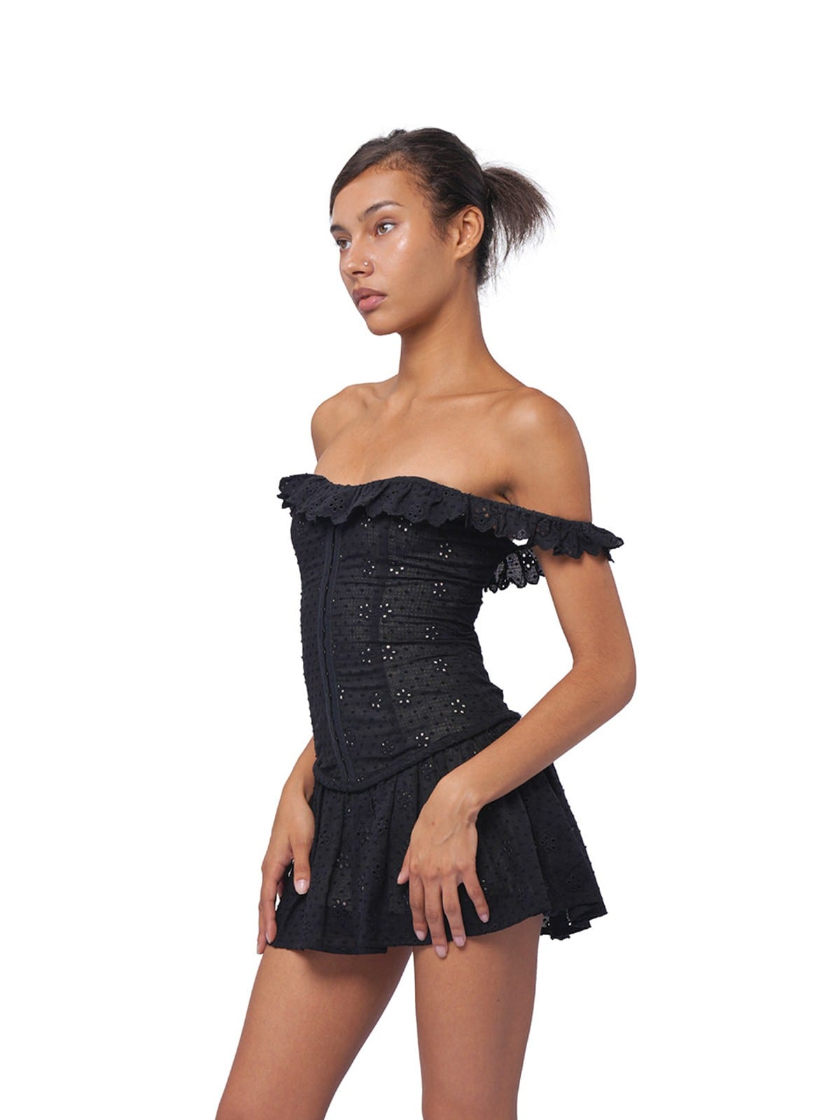 SweetChilling Cotton Eyelet Off Shoulder Mini Dress in Black - On Female Model