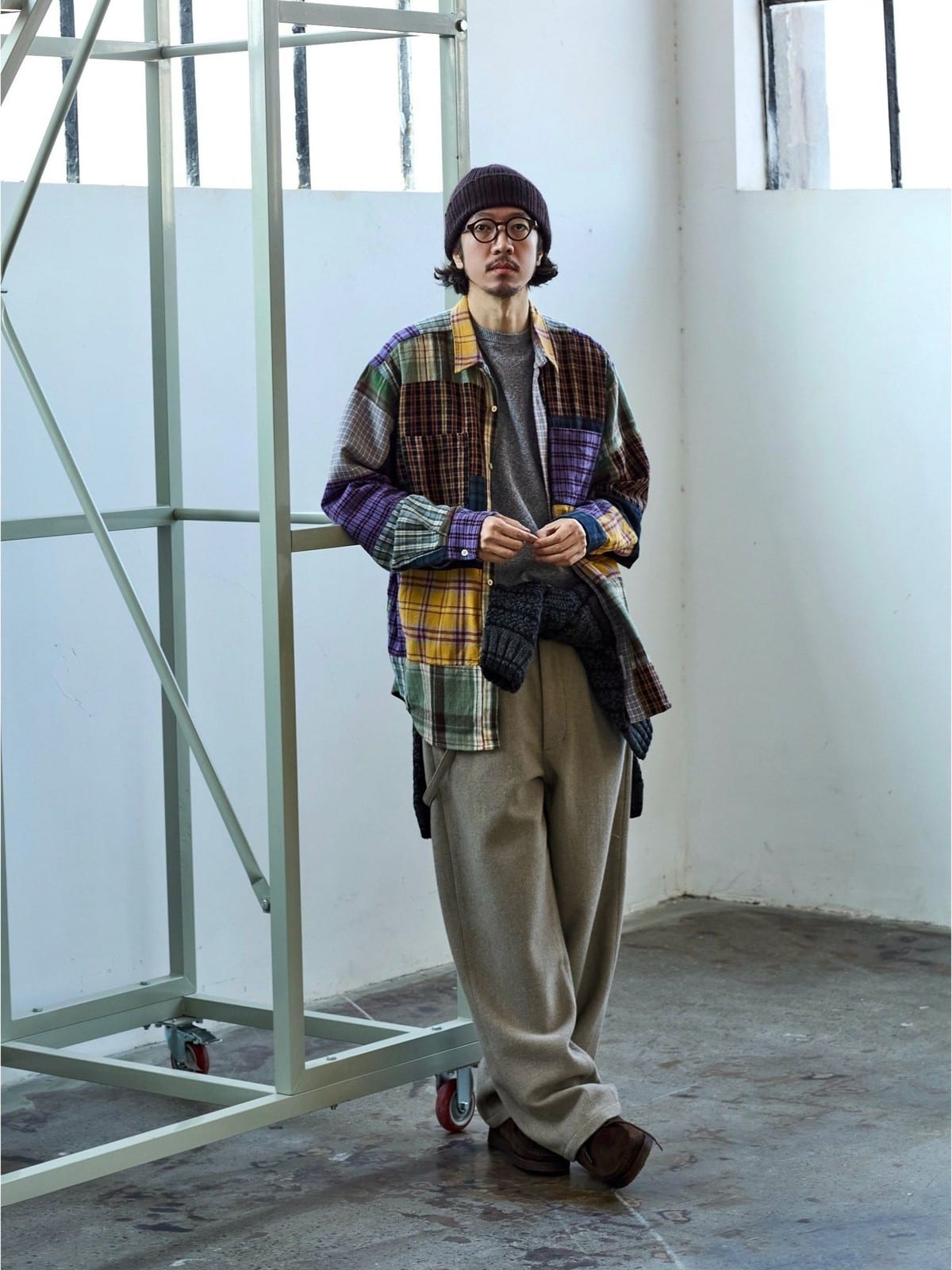 USAGE Cotton Plaid Patchwork Shirt in Patchwork - On Male Model