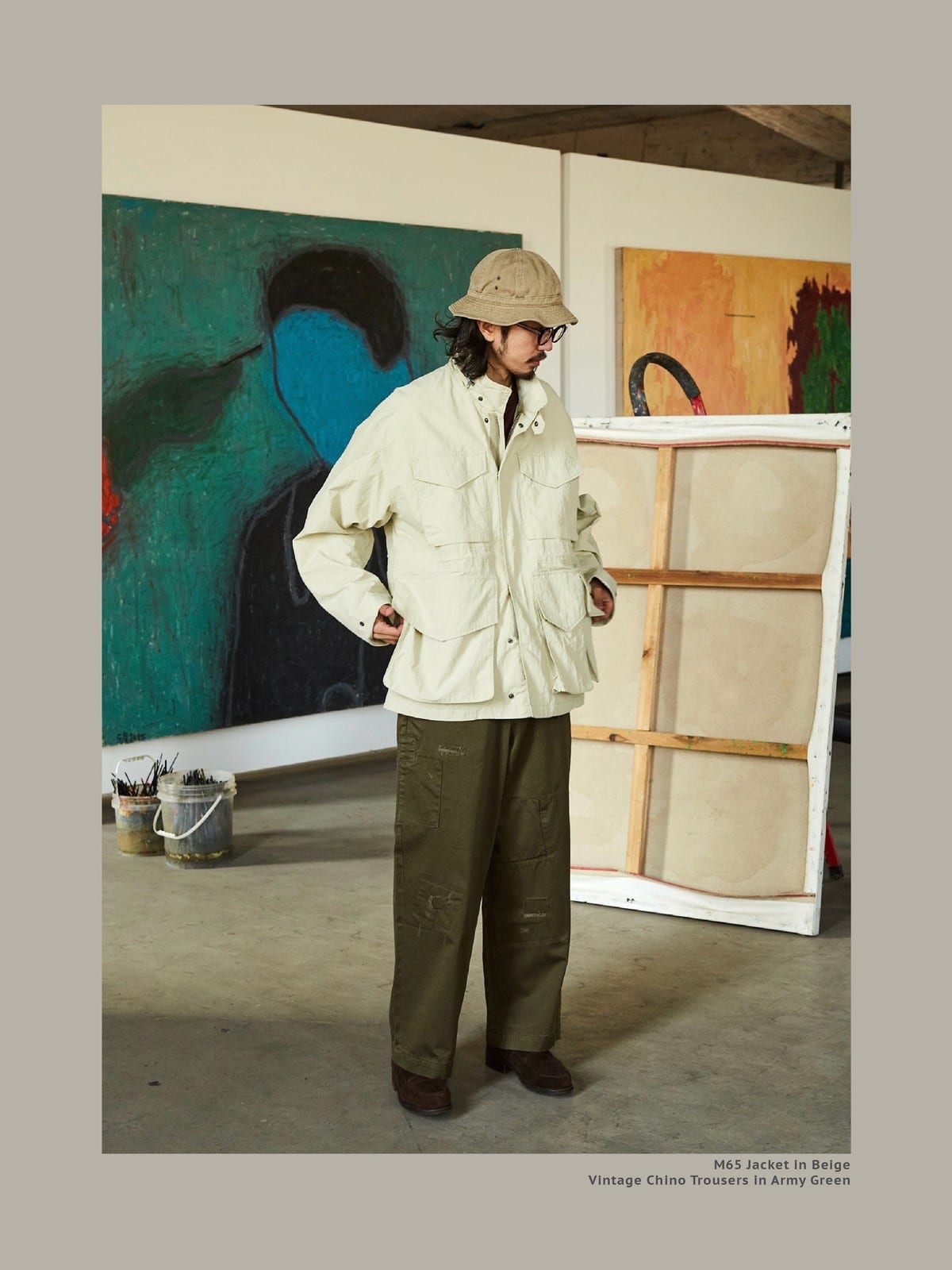USAGE Hand Distressed Patched Chinos in Olive - On Male Model