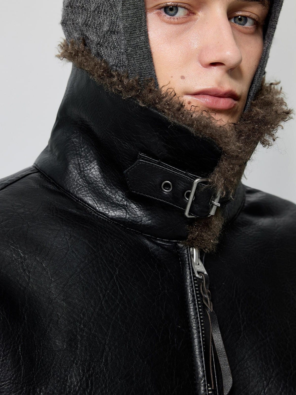 SIMPLE PROJECT Faux Leather Shearling Collar Jacket in Black - On Male Model