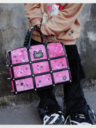 CFIERCE Spiked Cat Print Cage Bag in Red - On Model