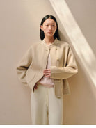 TEASEL Wool Blend Stand Collar Short Coat in Beige - On Female Model