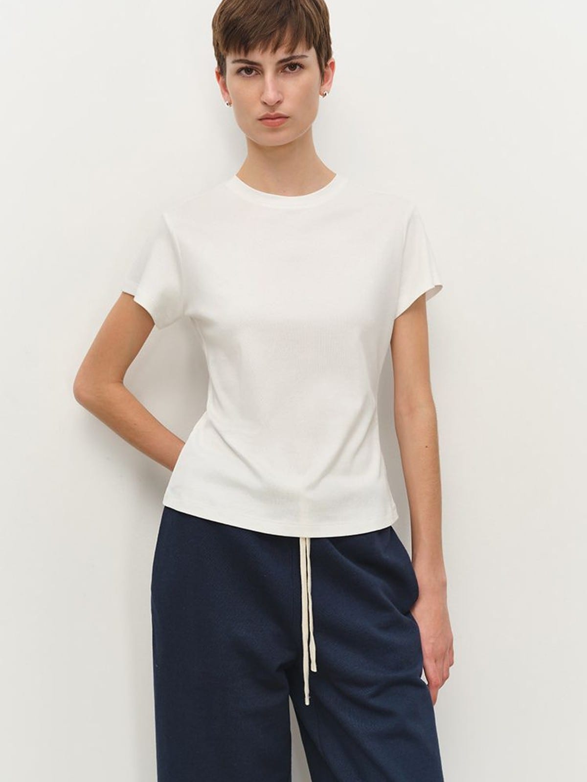 MSBEAST Acetate Cotton Flutter Sleeve T Shirt in White - On Female Model